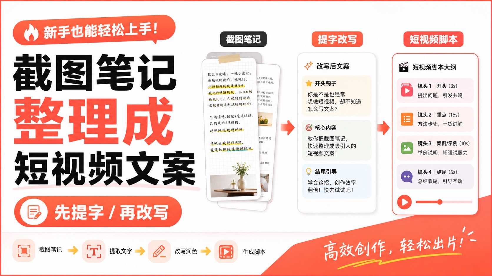 把截图笔记快速整理成短视频文案,先提字再改写效率更高